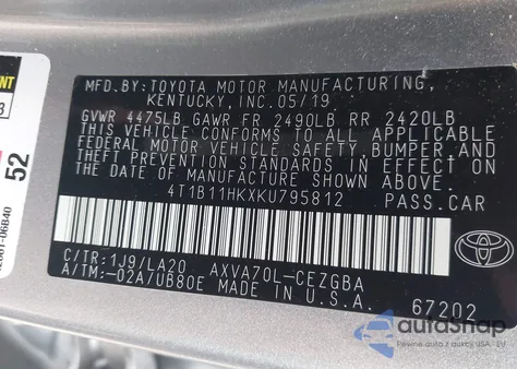 2019 Toyota Camry Xle z USA, uszkodzony, nr VIN 4T1B11HKXKU795812